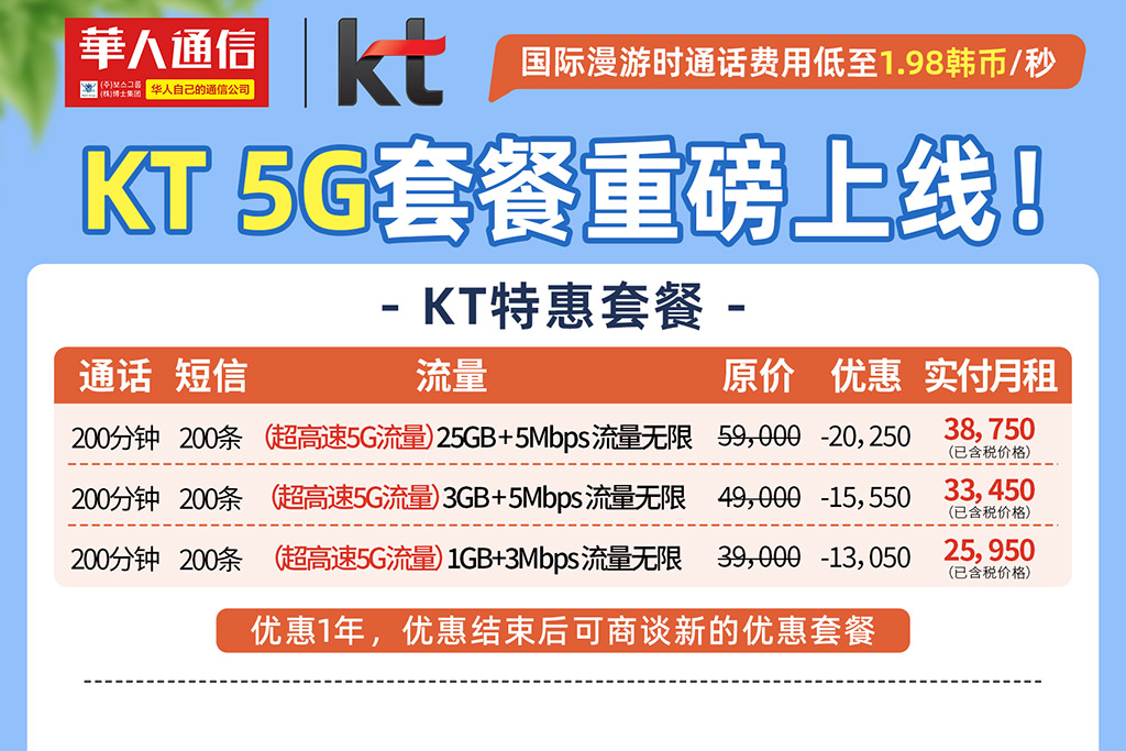 华人通信携手韩国KT推出极速5G套餐!