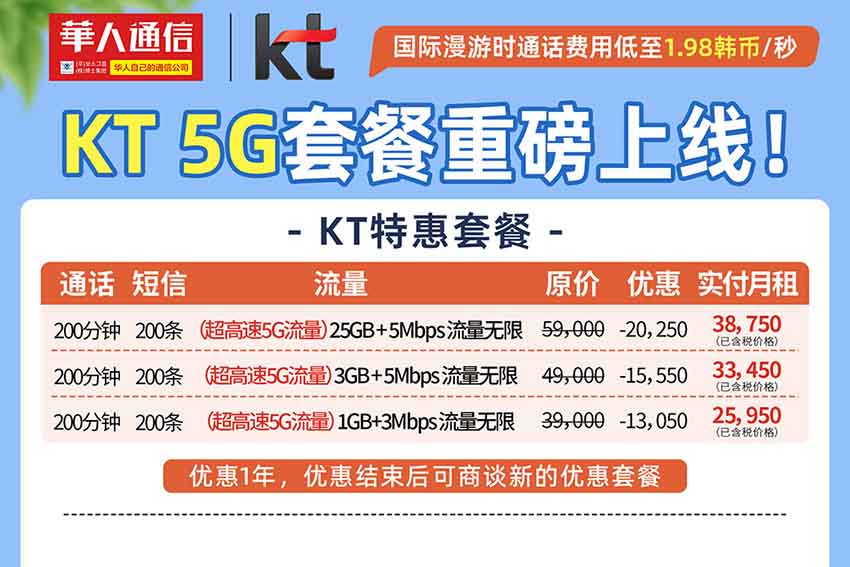   华人通信携手韩国KT推出极速5G套餐！